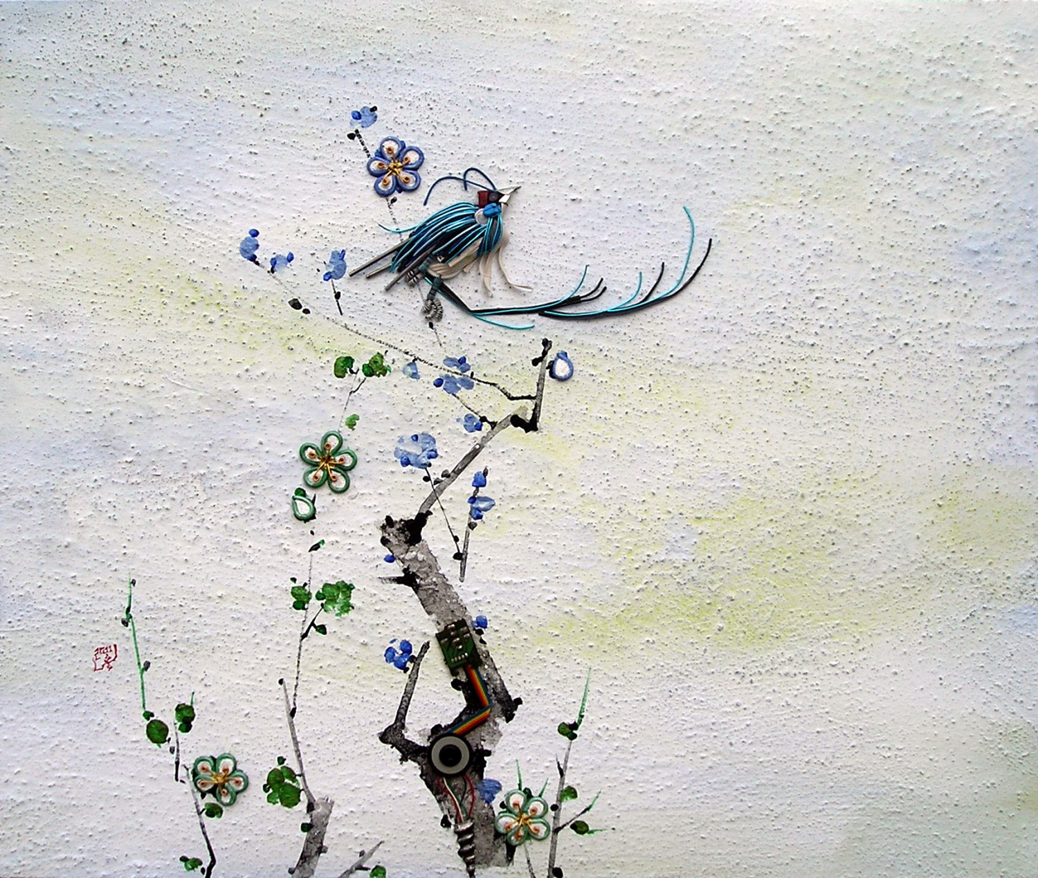 융합의 서곡 #-II, 60.6x72.7cm, 시멘트,전선,반도체,스피커,아크릴릭 2024