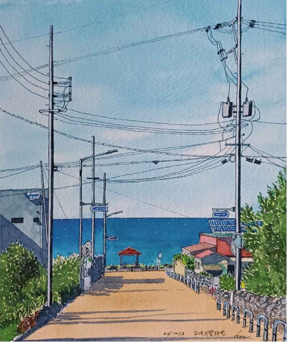 고성자, 고내지발 해변, 34.0✕24.0cm, watercolor on paper, pen
