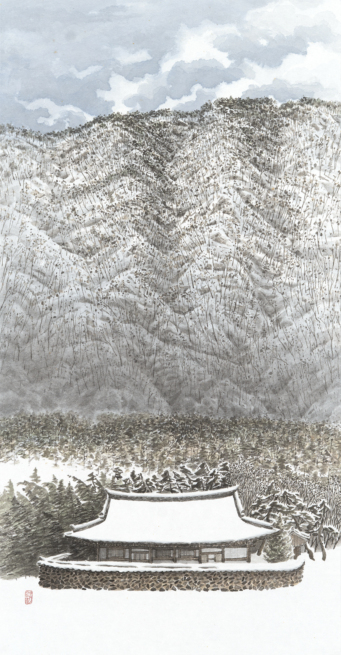 이홍규 첫눈, 70 x 36.5cm, 한지에 수묵담채, 2025