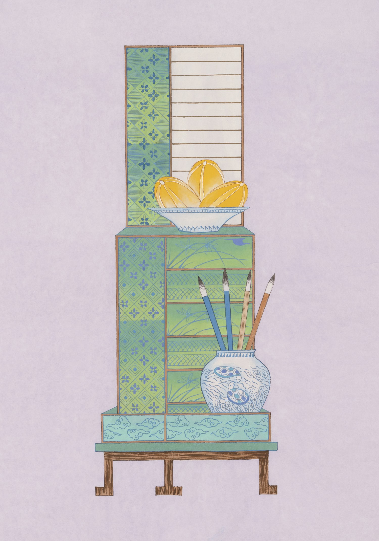 초록 책가도   각 98.3 × 38 cm, 순지에 분채