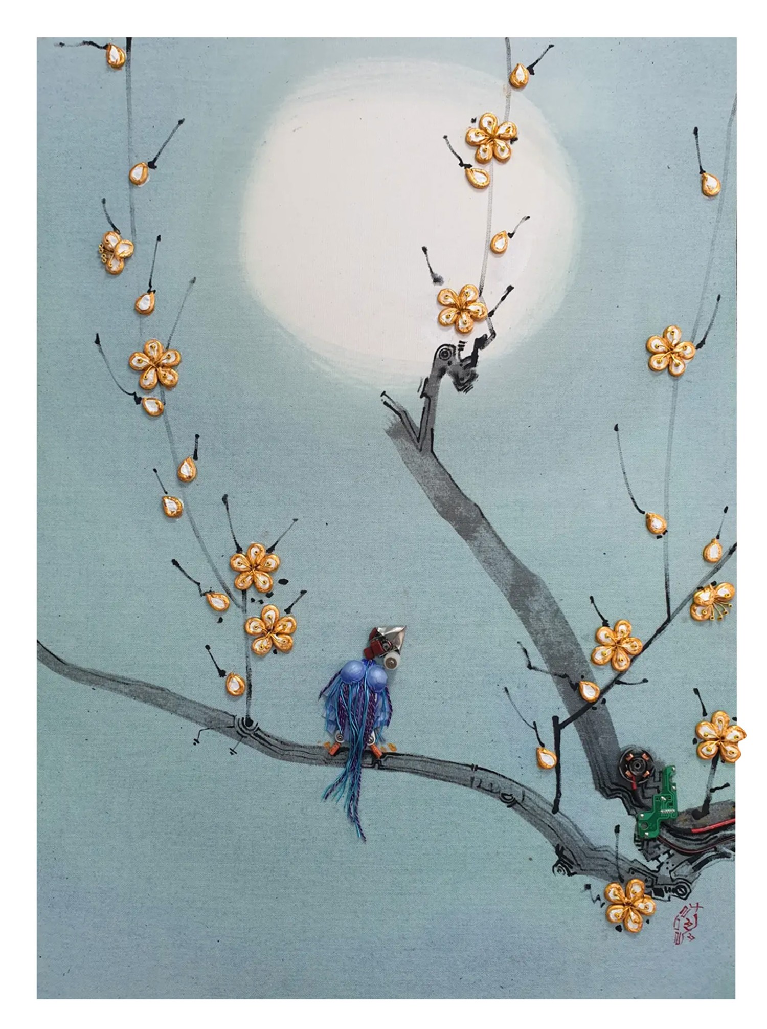 융합의 서곡 #-II, 90.9x60.6cm, 시멘트,전선,반도체,스피커,아크릴릭 2024