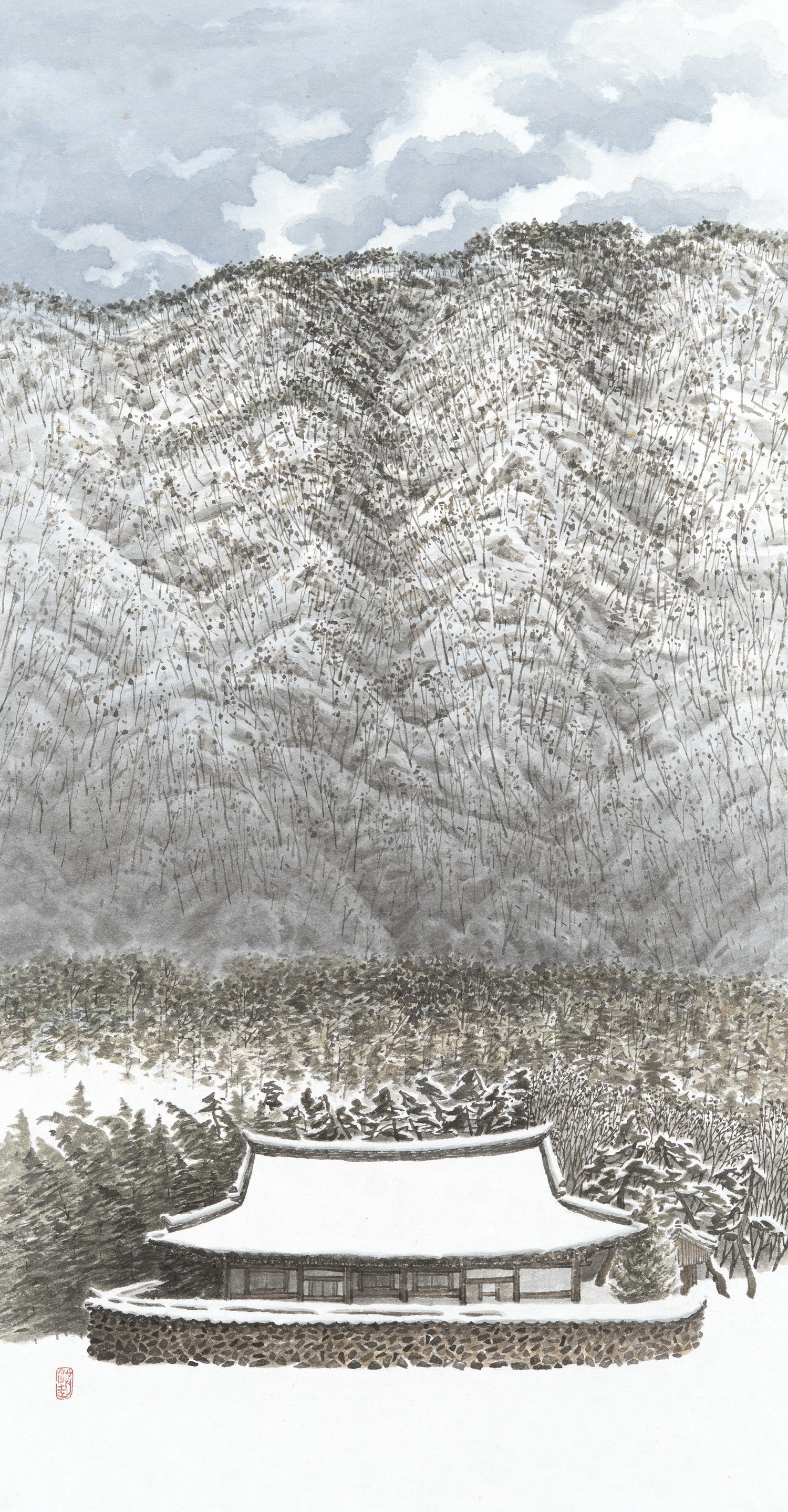 첫눈 70 × 36.5cm, 한지에 수묵담채, 2025