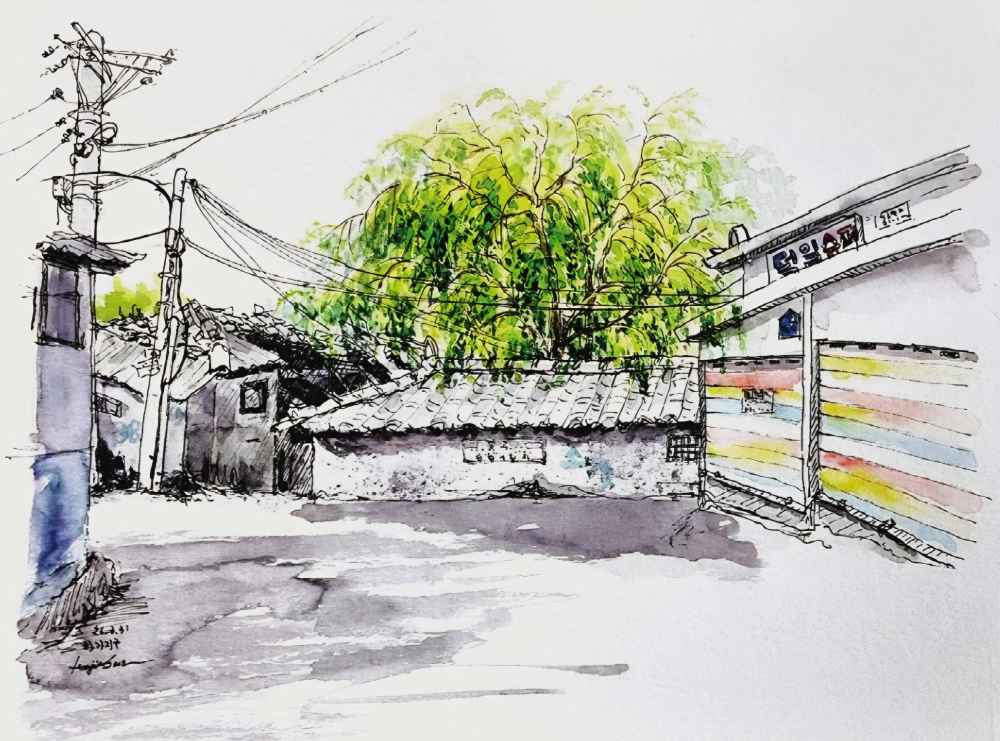 이진순, 하가지구 재개발마을, 24✕32cm, watercolor on paper, pen