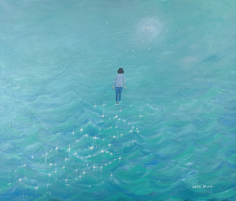 권재희, 내 앞에 바다가 갈라지지 않으면 주가 나로 바다 위를 걷게 하리,  캔버스에 아크릴릭, 45.5×53cm, 2025